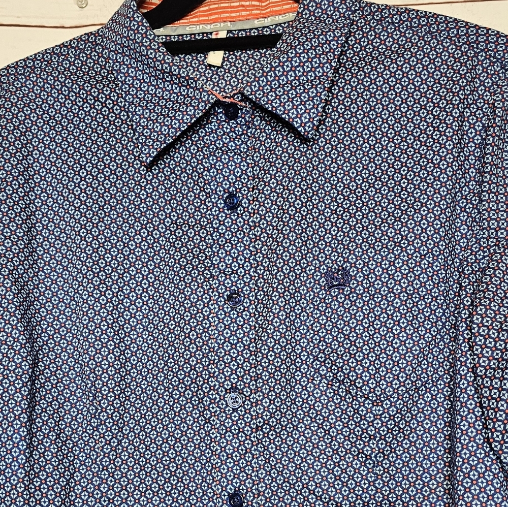 Cinch Blue and Orange Pattern Western Button Down Shirt - Picture 3 of 11